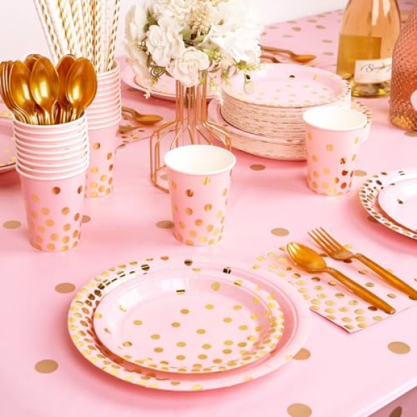 DECORLIFE 350PCS 핑크 접시와 냅킨 파티 용품 50인분, 핑크와 골드 접시, 빨대, 소녀 베이비 샤워, 졸업, 생일, 신부 샤워, 결혼식을 위한 컵 포함