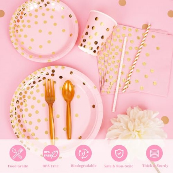 DECORLIFE 350PCS 핑크 접시와 냅킨 파티 용품 50인분, 핑크와 골드 접시, 빨대, 소녀 베이비 샤워, 졸업, 생일, 신부 샤워, 결혼식을 위한 컵 포함