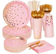 DECORLIFE 350PCS 핑크 접시와 냅킨 파티 용품 50인분, 핑크와 골드 접시, 빨대, 소녀 베이비 샤워, 졸업, 생일, 신부 샤워, 결혼식을 위한 컵 포함