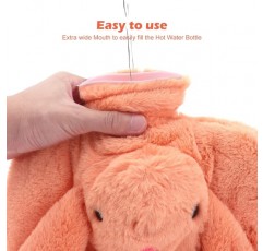 Beowanzk Hot Water Bottle with Cover 1.5L Small Hot Water Bottle, 포근하고 부드러운 동물로 개인화된 아늑한 Hot Water Bottle, 목, 복부, 손에 따뜻함을 위한 보온 재킷(핑크 + 오렌지) 핑