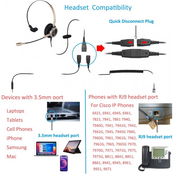 MAIRDI 전화 헤드셋 RJ9 및 3.5mm 잭 사무실 유선 휴대 전화 PC 노트북 콜 센터 전화 헤드셋 마이크 작동 Cisco 7941 7965 6941 7861 8961 Gold Monaural
