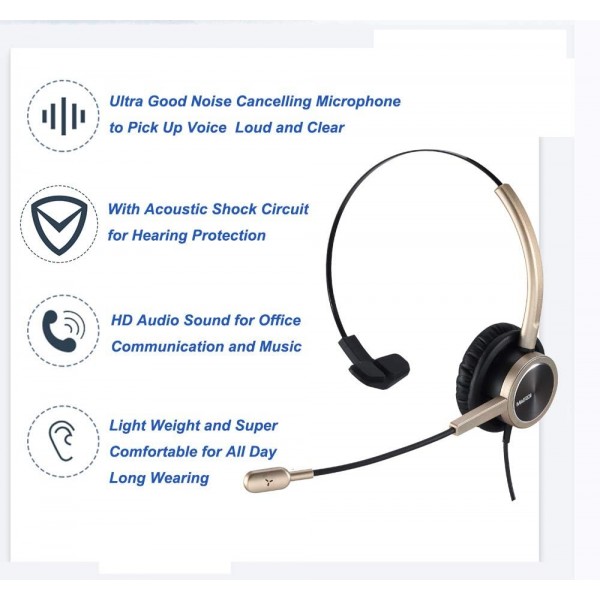 MAIRDI 전화 헤드셋 RJ9 및 3.5mm 잭 사무실 유선 휴대 전화 PC 노트북 콜 센터 전화 헤드셋 마이크 작동 Cisco 7941 7965 6941 7861 8961 Gold Monaural