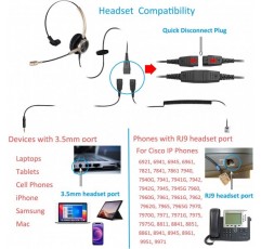 MAIRDI 전화 헤드셋 RJ9 및 3.5mm 잭 사무실 유선 휴대 전화 PC 노트북 콜 센터 전화 헤드셋 마이크 작동 Cisco 7941 7965 6941 7861 8961 Gold Monaural