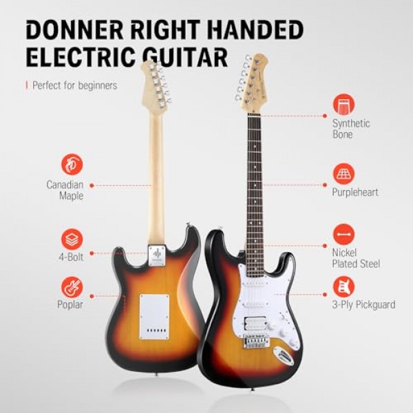 Donner DST-100S 39인치 풀 사이즈 일렉트릭 기타 키트 솔리드 바디 선버스트, 초보자용 스타터, 앰프, 가방, 카포, 스트랩, 스트링, 튜너, 케이블, 픽 포함