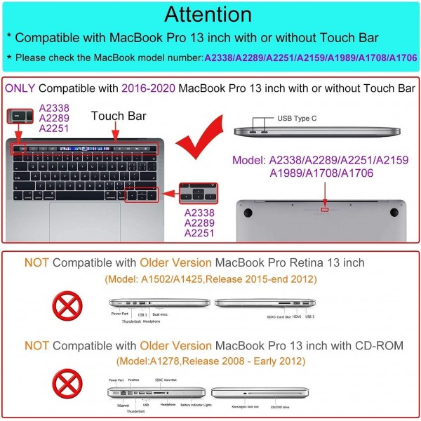 MacBook Pro 13(2016-2022) M1 M2 A2338/A2289/A2251/A2159/A1706/A1989와 호환되는 케이스, MacBook Pro 13과 호환되는 GVTECH 울트라 씬 하드 쉘 보호용 스냅 케이스, 투명 클리어