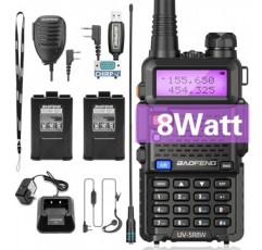 Baofeng UV-5R 8W 햄 라디오 휴대용 장거리 UV5R 양방향 라디오(이중 배터리 포함) 추가 프로그래밍 케이블 스피커 마이크 충전식 워키토키(Black-8W 1팩 풀 키트)