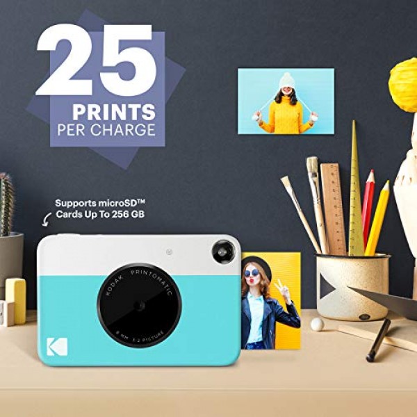 Kodak Printomatic 디지털 즉석 인쇄 카메라(파란색) 및 Printomatic 디지털 즉석 인쇄 카메라(검정색) 및 2x3 프리미엄 Zink 인화지(50매) 50개(1팩)