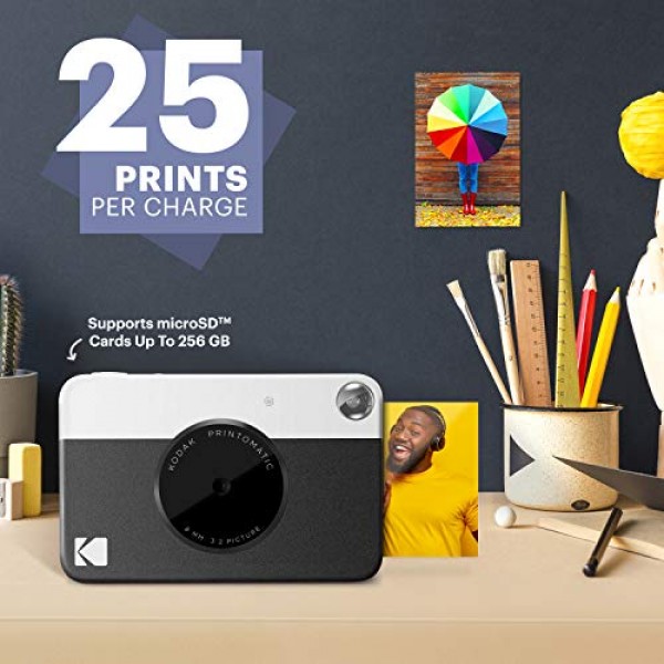 Kodak Printomatic 디지털 즉석 인쇄 카메라(파란색) 및 Printomatic 디지털 즉석 인쇄 카메라(검정색) 및 2x3 프리미엄 Zink 인화지(50매) 50개(1팩)