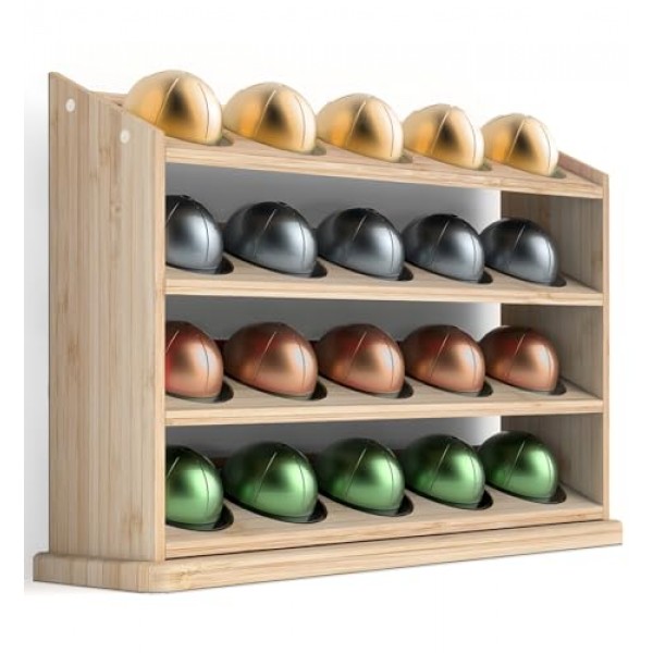 Nespresso Vertuo 캡슐용으로 설계된 GALVANOX 20 포드 홀더, 독립형 4단 커피 스테이션 정리함, 천연 대나무 목재 디스플레이 랙 선반(모든 VertuoLine 포드에 적합)