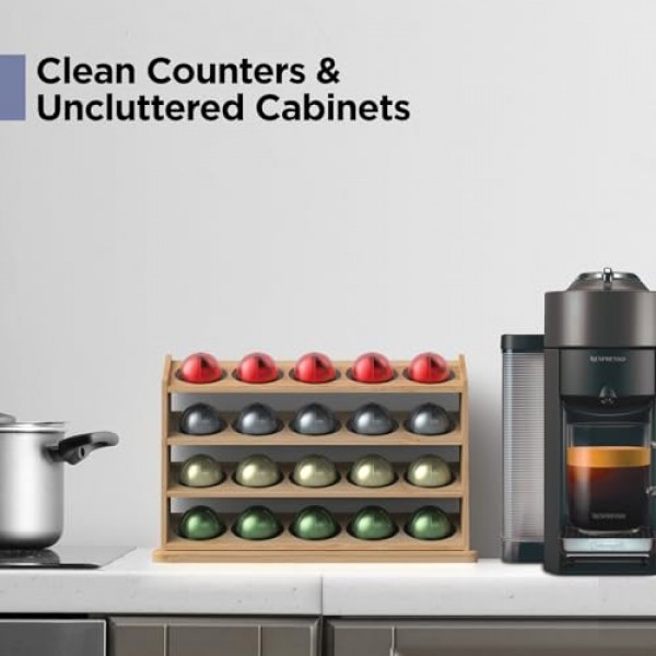 Nespresso Vertuo 캡슐용으로 설계된 GALVANOX 20 포드 홀더, 독립형 4단 커피 스테이션 정리함, 천연 대나무 목재 디스플레이 랙 선반(모든 VertuoLine 포드에 적합)