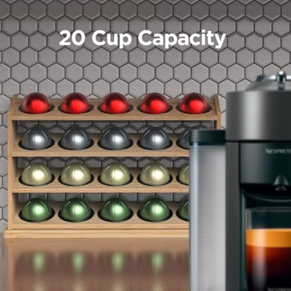Nespresso Vertuo 캡슐용으로 설계된 GALVANOX 20 포드 홀더, 독립형 4단 커피 스테이션 정리함, 천연 대나무 목재 디스플레이 랙 선반(모든 VertuoLine 포드에 적합)