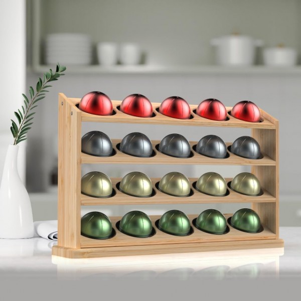 Nespresso Vertuo 캡슐용으로 설계된 GALVANOX 20 포드 홀더, 독립형 4단 커피 스테이션 정리함, 천연 대나무 목재 디스플레이 랙 선반(모든 VertuoLine 포드에 적합)
