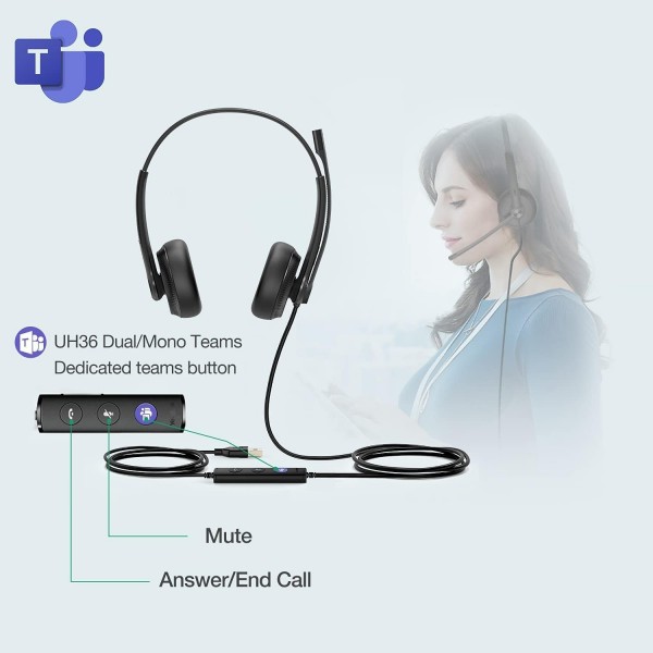 Yealink USB 헤드셋 UH34 듀얼 팀, 검은색