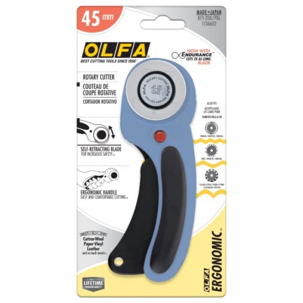OLFA 45mm 인체공학적 로터리 커터(RTY-2DX/PBL) - 공예, 재봉, 퀼팅, 교체 블레이드용 블레이드 커버 및 스퀴즈 트리거가 포함된 로터리 직물 커터: OLFA RB45-1(퍼시픽 블루)