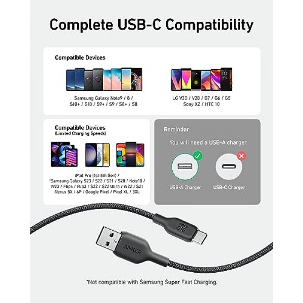 Anker USB C 케이블 바이오 브리아디드[2팩, 6피트], 내구성이 뛰어난 USB A - Type C 충전기 케이블, USB C 충전기 케이블 Samsung Galaxy Note 10/9/8 S10+/S10/S9+/S9, LG V30(USB 2.0, 블랙)