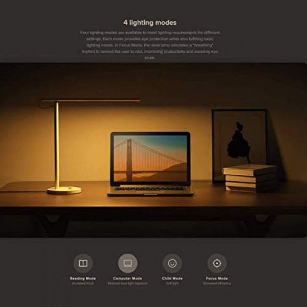 원래 Xiaomi LED 책상 램프 스마트 원격 제어 디밍이 가능한 테이블 램프 데스크 라이트 지원 휴대 전화 App 제어 4 조명 모드, 깜박임없는 빛