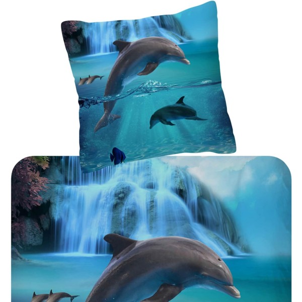 ESPiCO Bedding Trendy Bedding Will Blue Blue Dolphins Fish Sea Ocean Waterfall Renforcé, Size:135 cm x 200 cm 135 cm x 200 cm 009