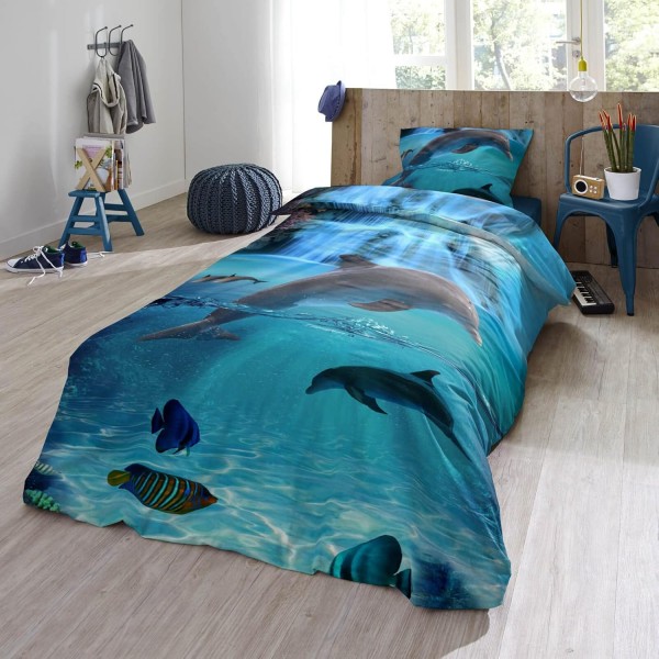 ESPiCO Bedding Trendy Bedding Will Blue Blue Dolphins Fish Sea Ocean Waterfall Renforcé, Size:135 cm x 200 cm 135 cm x 200 cm 009