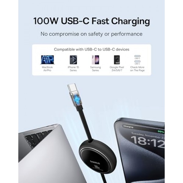 Baseus USB C 케이블, 미니 100W 접이식 USB C - USB C PD 5A 고속 충전 케이블, iPhone 15/Pro/Plus/Pro Max, MacBook, iPad Pro, Samsung S23/S22+용 4단계 길이 사전 설정된 USB 유형 C 충전기 케이