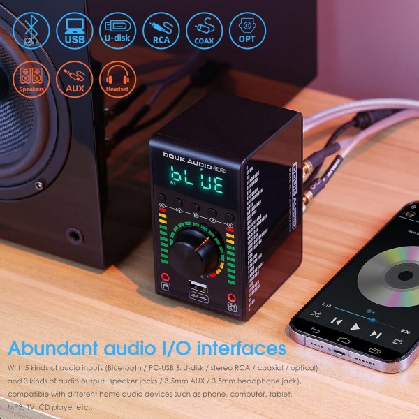 Douk Audio M100 미니 블루투스 5.0 Verstärker Digitalverstärker USB DAC 동축/옵션 홈 오디오 앰프 음악 플레이어 24Bit/192K 68W×2