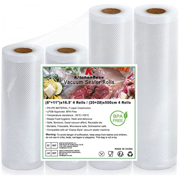 KitchenBoss 진공 백 진공 필름 진공 백 식품 진공 필름 롤 진공 백 진공 실러 용 진공 롤 Sous Vide 백 BPA Free 4 롤 20 x 2/28 x 2/500 cm