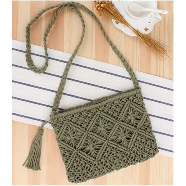 oukesin 여성용 스몰 코튼 숄더 백 Macrame Handmade with Tassel Summer Beach