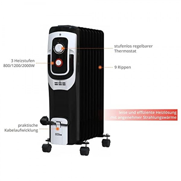 Güde OR 2000-9 오일 라디에이터(220-240V, 2000W 가열 전력, 3가지 열 설정(800/1200/2000W), 9개 리브, 연속 온도 조절기, 기울기 및 과열 보호, 안전한 운송을 위한 바퀴)