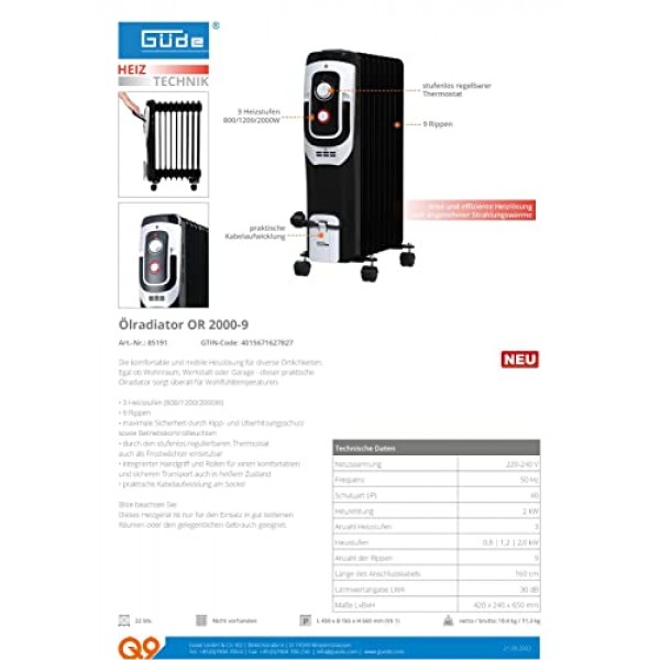 Güde OR 2000-9 오일 라디에이터(220-240V, 2000W 가열 전력, 3가지 열 설정(800/1200/2000W), 9개 리브, 연속 온도 조절기, 기울기 및 과열 보호, 안전한 운송을 위한 바퀴)