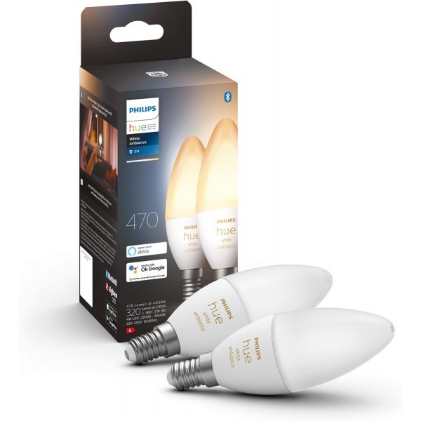 Philips Hue White Ambiance E14 LED 램프 트윈 팩 및 싱글 팩, 밝기 조절 가능, 모든 흰색 음영, 앱을 통해 제어 가능, Amazon Alexa(Echo, Echo Dot)와 호환 가능