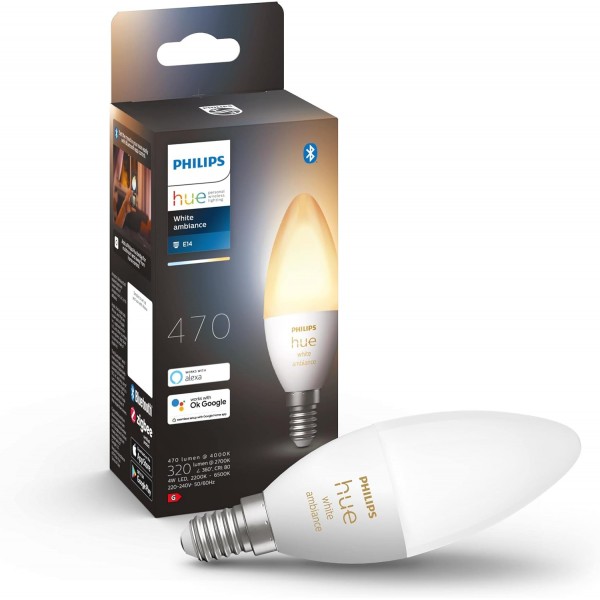 Philips Hue White Ambiance E14 LED 램프 트윈 팩 및 싱글 팩, 밝기 조절 가능, 모든 흰색 음영, 앱을 통해 제어 가능, Amazon Alexa(Echo, Echo Dot)와 호환 가능