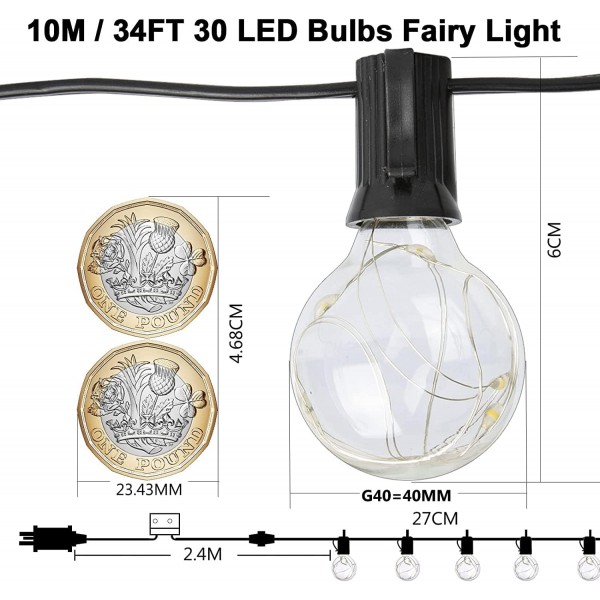 Koopower Festoon Lights with Timer, 30 G40 Bulbs, 10M String + 1M Plug in Cable, incl. 원격(8가지 효과, 밝기 조절 가능, 타이머), 웜 화이트