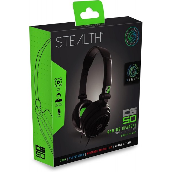 Stealth C6-50 스테레오 게임용 헤드셋 - 강력한 40mm 스피커가 있는 접이식 XBox One 시리즈 S/X PS4/5 스위치 PC와 ​​호환되는 녹색 다중 플랫폼 3.5mm 잭 검정색/녹색