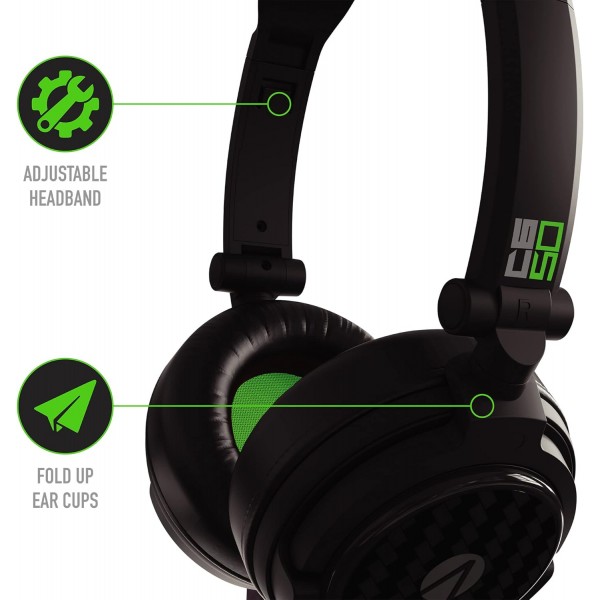 Stealth C6-50 스테레오 게임용 헤드셋 - 강력한 40mm 스피커가 있는 접이식 XBox One 시리즈 S/X PS4/5 스위치 PC와 ​​호환되는 녹색 다중 플랫폼 3.5mm 잭 검정색/녹색