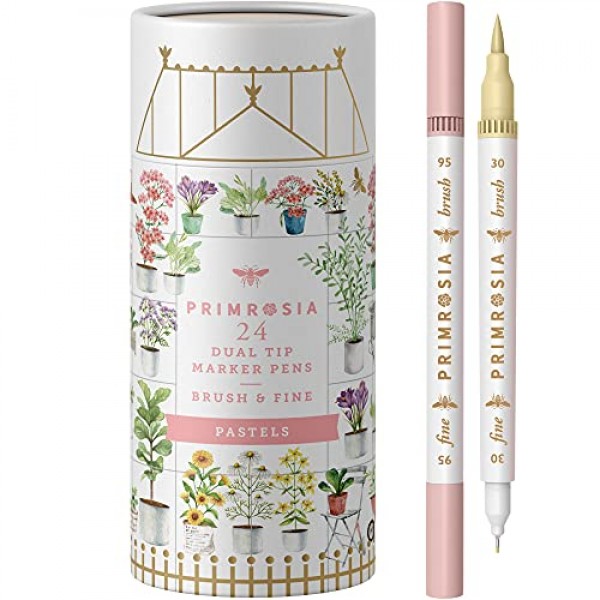 Primrosia 24 파스텔 듀얼 팁 마커, 미세 팁 및 브러시 펜. 예술, 일러스트레이션, 그림, 서예 및 불릿 저널에 적합합니다.