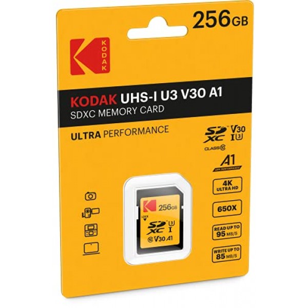 Kodak SD 카드 256GB UHS-I U3 V30 Ultra - 95MB/s 최대 읽기 속도 - 쓰기 속도 최대 85MB/s - 4K Ultra HD 비디오 및 HD 사진 저장 - SD 카드