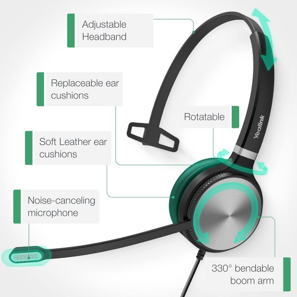 Microsoft 팀용으로 인증된 Yealink UH36 헤드셋, 잡음 제거 마이크 암이 있는 USB-A/3.5mm 모노/ONE 이어 헤드폰, 콜 센터 비즈니스 사무실 IP 전화/PC/Mac/노트북 모노 팀용