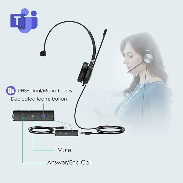 Microsoft 팀용으로 인증된 Yealink UH36 헤드셋, 잡음 제거 마이크 암이 있는 USB-A/3.5mm 모노/ONE 이어 헤드폰, 콜 센터 비즈니스 사무실 IP 전화/PC/Mac/노트북 모노 팀용