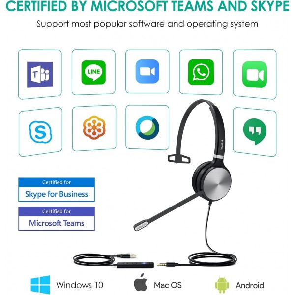 Microsoft 팀용으로 인증된 Yealink UH36 헤드셋, 잡음 제거 마이크 암이 있는 USB-A/3.5mm 모노/ONE 이어 헤드폰, 콜 센터 비즈니스 사무실 IP 전화/PC/Mac/노트북 모노 팀용