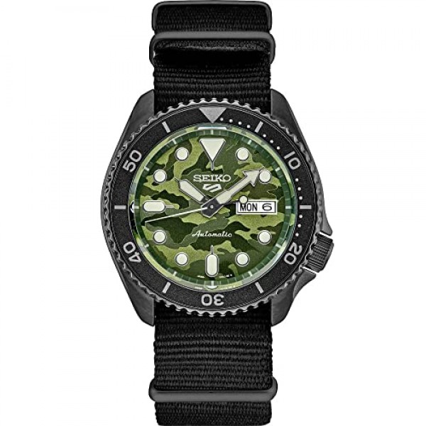 남성용 SEIKO SRPJ37 시계 - 5가지 스포츠 - 수동 와인딩 무브먼트 자동, 블랙 스테인리스 스틸 케이스, 블랙 회전 베젤, 블랙 나일론 스트랩, 100m 방수
