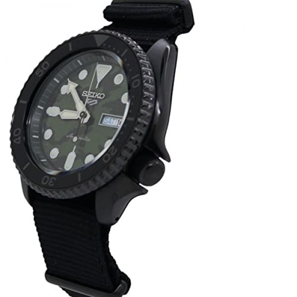 남성용 SEIKO SRPJ37 시계 - 5가지 스포츠 - 수동 와인딩 무브먼트 자동, 블랙 스테인리스 스틸 케이스, 블랙 회전 베젤, 블랙 나일론 스트랩, 100m 방수