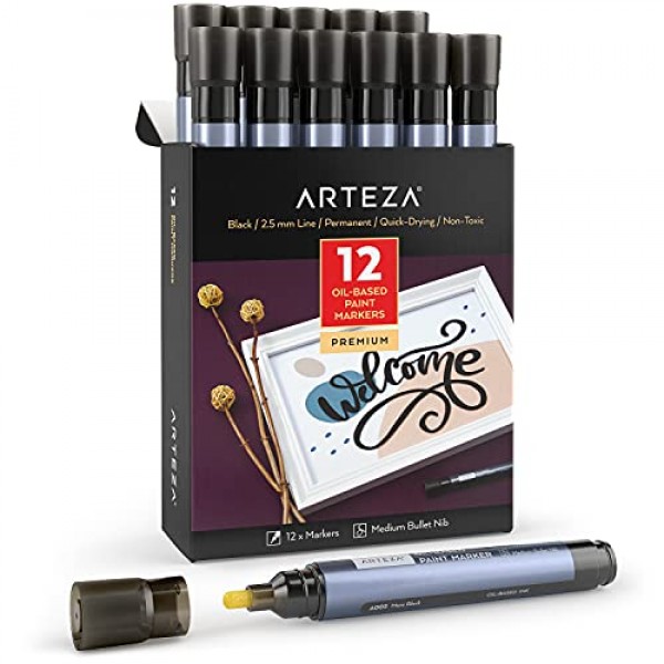 ARTEZA 유성 페인트 마커, 12팩, 검정색, 2.5mm 영구 펜, 석재, 목재, 유리, 금속, 캔버스, 종이용 방수 공예 및 미술 용품