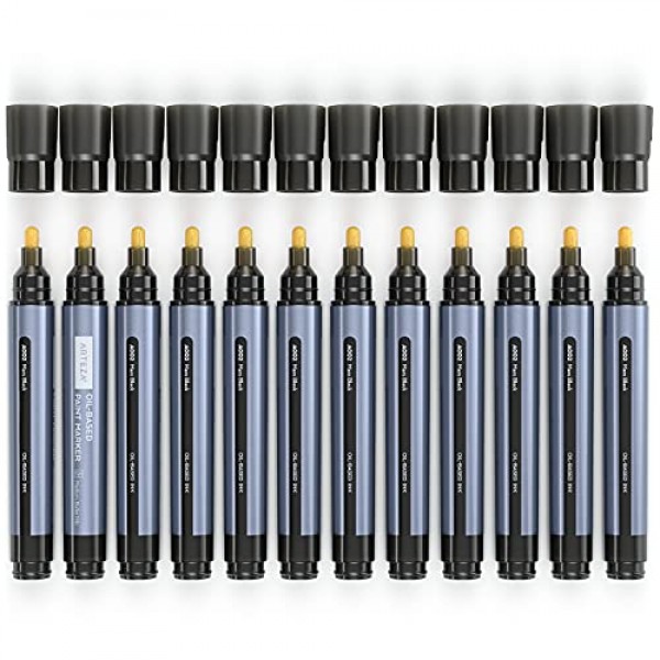 ARTEZA 유성 페인트 마커, 12팩, 검정색, 2.5mm 영구 펜, 석재, 목재, 유리, 금속, 캔버스, 종이용 방수 공예 및 미술 용품