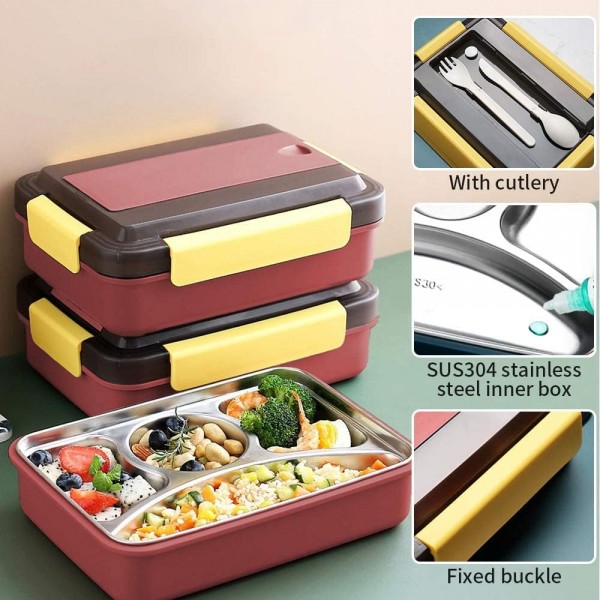 스테인레스 스틸 도시락, 칼붙이가 포함된 도시락, XiXiRan 누수 방지 도시락, BPA-free, 도시락 학교 사무실 피크닉, 학생 및 성인용, 4칸 포함, 포크 및 스푼, 1000ml(빨간색)
