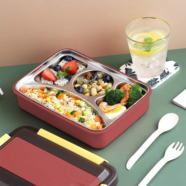 스테인레스 스틸 도시락, 칼붙이가 포함된 도시락, XiXiRan 누수 방지 도시락, BPA-free, 도시락 학교 사무실 피크닉, 학생 및 성인용, 4칸 포함, 포크 및 스푼, 1000ml(빨간색)