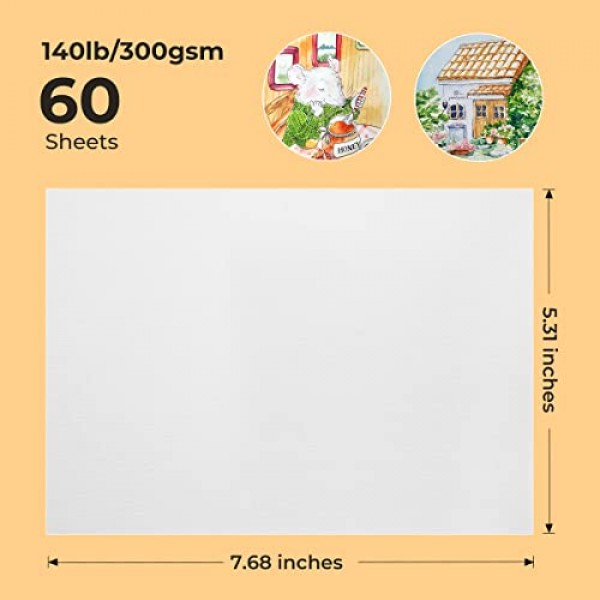 Paul Rubens 60매 수채화 용지, 핫 프레스 50% 면 및 140lb /300gsm 예술가, 학생 및 성인을 위한 무산성 대량 백서(7.68 * 5.31 인치)