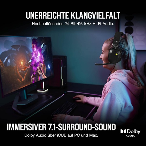 Corsair HS80 RGB USB 프리미엄 게임용 헤드셋, Dolby Audio 7.1 서라운드 사운드(방송 품질 마이크, 메모리 폼 이어컵, Hi-Fi 사운드, 내구성 있는 구조) 카본 블랙 HS80 RGB USB 블랙