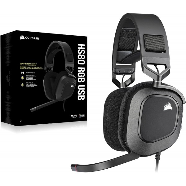 Corsair HS80 RGB USB 프리미엄 게임용 헤드셋, Dolby Audio 7.1 서라운드 사운드(방송 품질 마이크, 메모리 폼 이어컵, Hi-Fi 사운드, 내구성 있는 구조) 카본 블랙 HS80 RGB USB 블랙