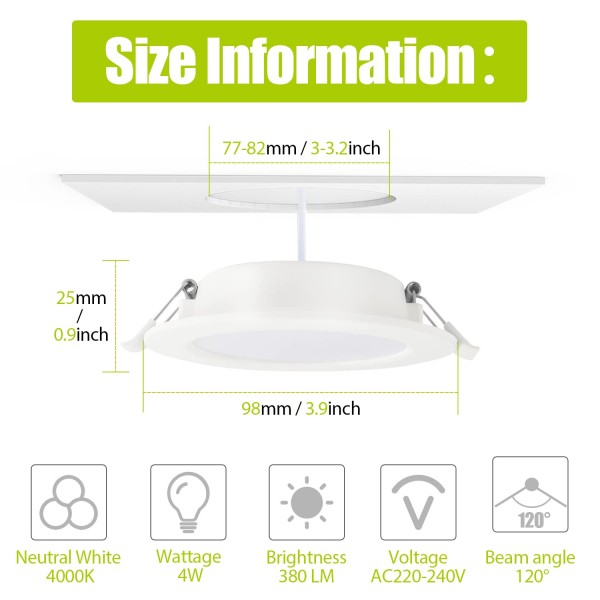 LED 매입형 천장 조명 230V, 내츄럴 화이트 4000K, 4W 다운라이트 드릴 홀 77-82mm 욕실, 주방, 거실, 사무실, 스포트라이트용 380LM 조광 불가 - 6개 팩 내츄럴 화이트-4000k-6