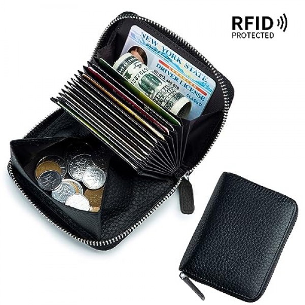 alouweekuky 여성용 정품 가죽 지갑, 지퍼가 달린 여성용 소형 지갑, 카드 홀더가 있는 소형 지갑, RFID 차단 지갑, 블랙, 캐주얼
