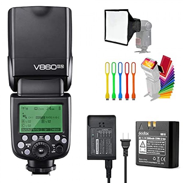 Godox V860II-N I-TTL GN60 2.4G 고속 동기화 1/8000s 리튬 이온 배터리 카메라 플래시 스피드라이트 스피드라이트 Nikon 카메라와 호환 가능(15x17cm 소프트박스 및 필터 및 USB LED 